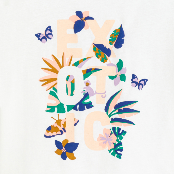 تيشيرت بأكمام قصيرة متموجة باللون الأبيض للفتيات الصغيرات